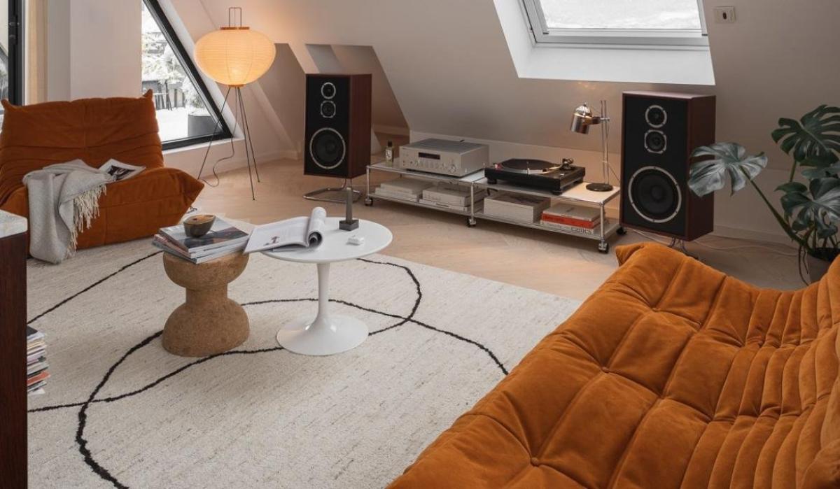 Retro-style living room in a loft apartment with a stylish rug in the middle.
